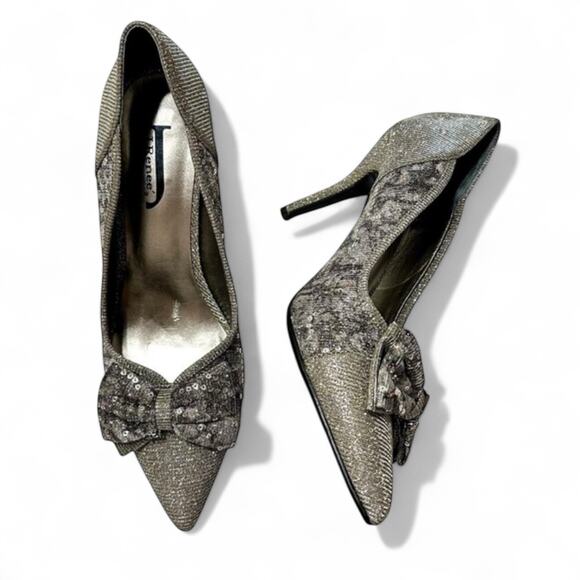 J.Renee Henretta Silver Sequin Bow Glitter Pointed Heels Size 9.5 Formal Wedding - Picture 1 of 15